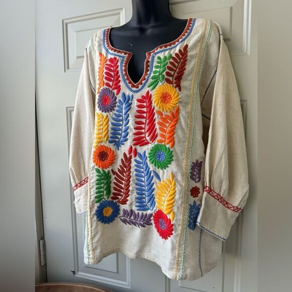 Sister Mary Gloria Tunic Top Rainbow Floral Embroidery Linen Size Medium - Picture 12 of 14